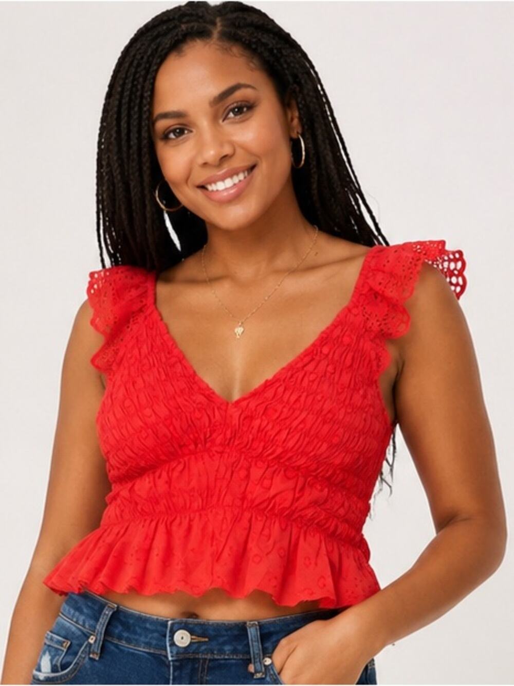 NWT Urban Outfitters Red Smocked Ruffle Crop Top Women’s M Eyelet Peplum